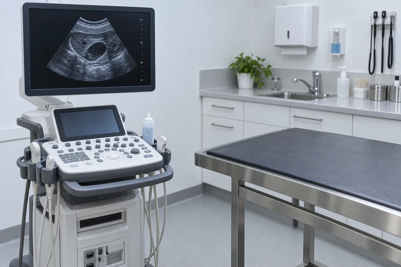 A veterinary ultrasound machine beside an examination table in a clean consulting room