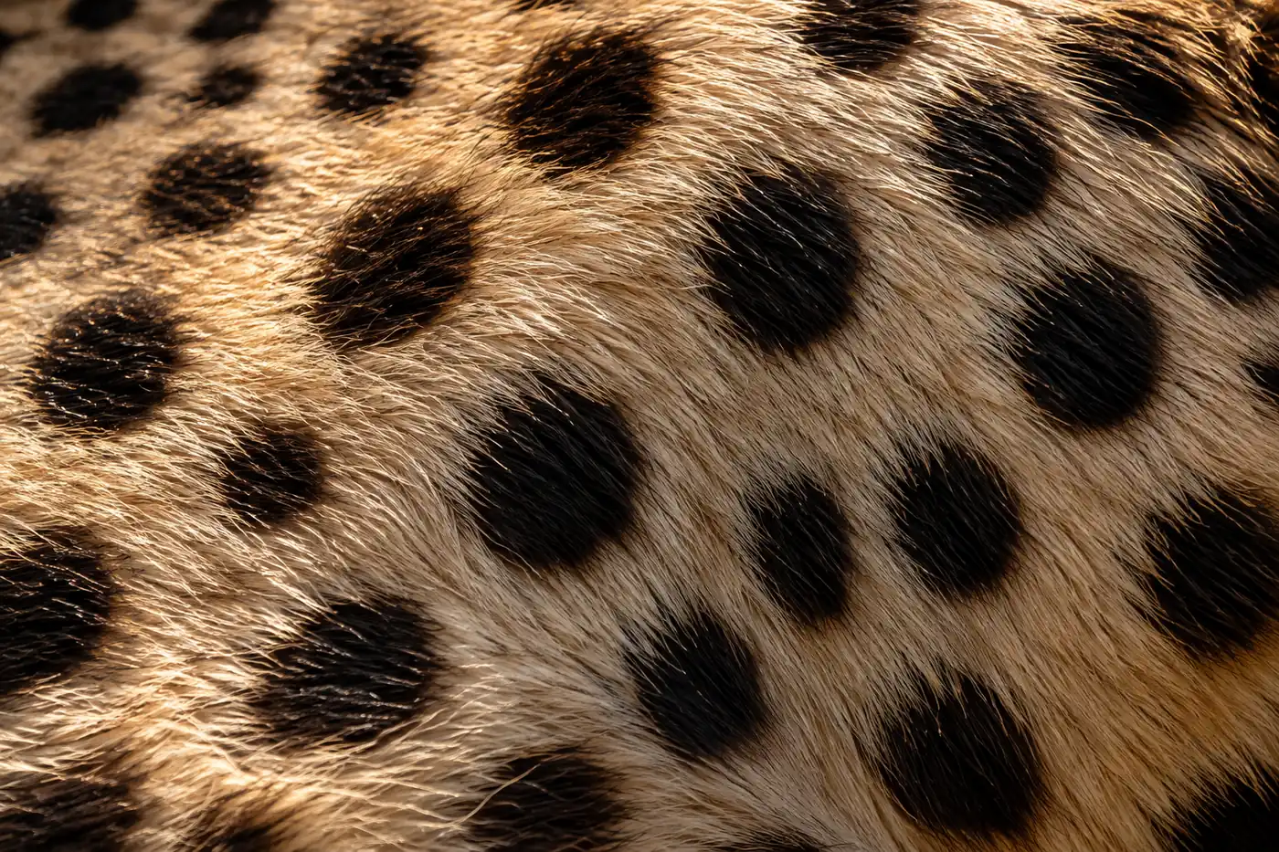 Extreme close view of a short cream-gold coat covered in bold solid dark spots