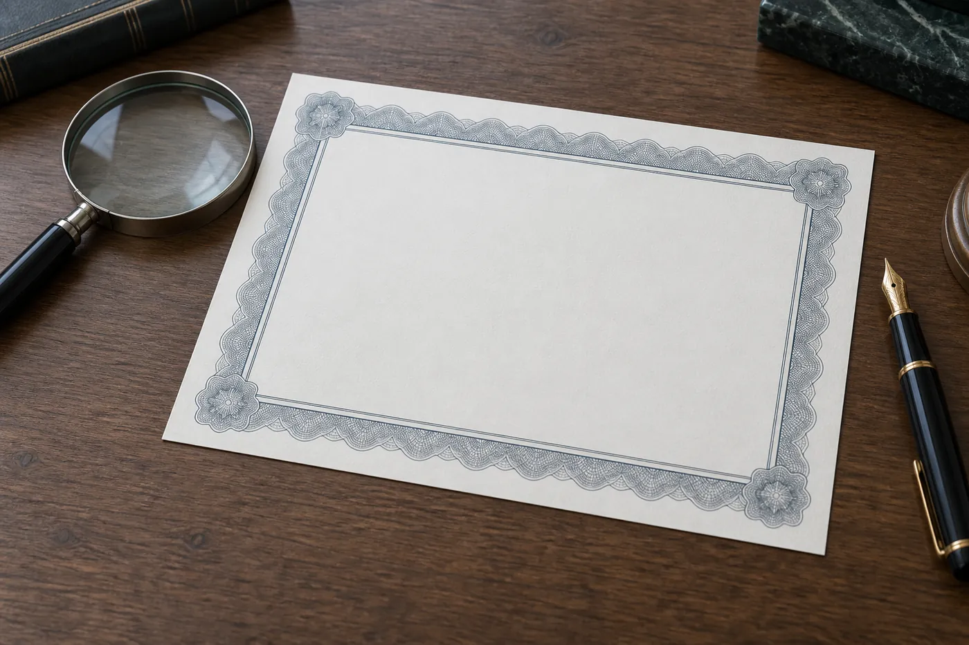 A blank pedigree certificate on a desk beside a magnifying glass