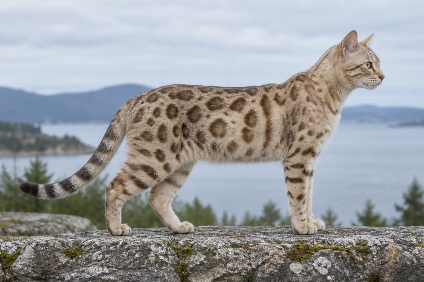 An athletic cream-gold spotted cat standing in side profile with a long low-slung body and muscular legs