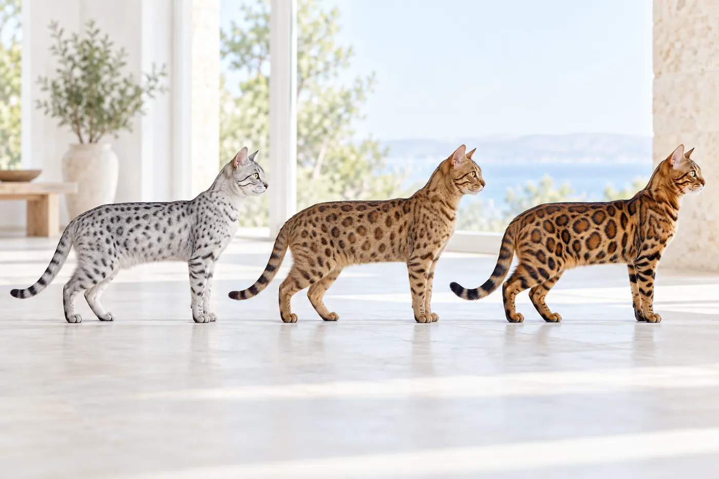 A silver spotted cat, a tawny spotted cat and a brown rosetted cat standing side by side in profile
