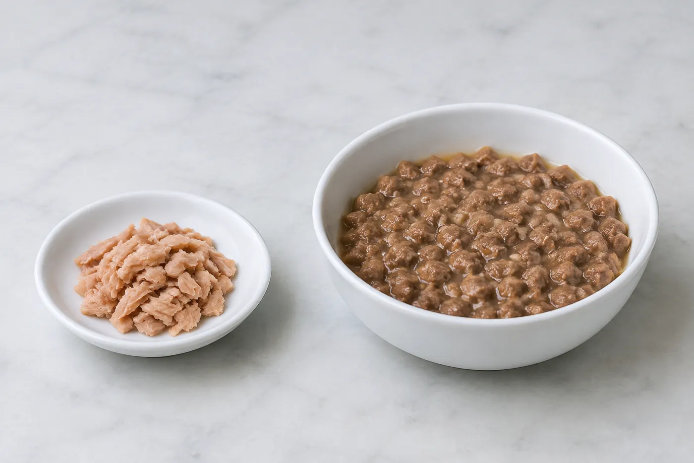 Flaked tuna in a dish beside a bowl of complete cat food