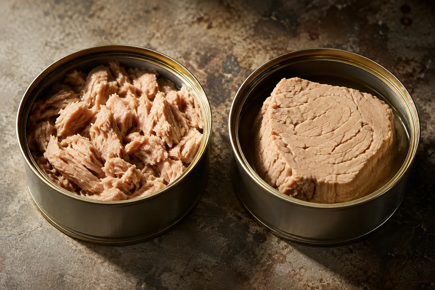 Two tuna tins turned to show their labels side by side