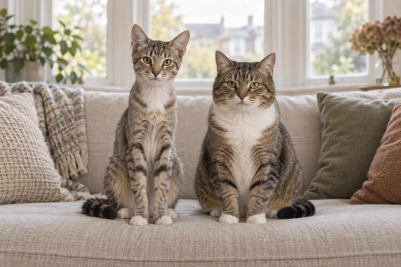 A leggy young cat sitting beside a compact adult cat on a sofa
