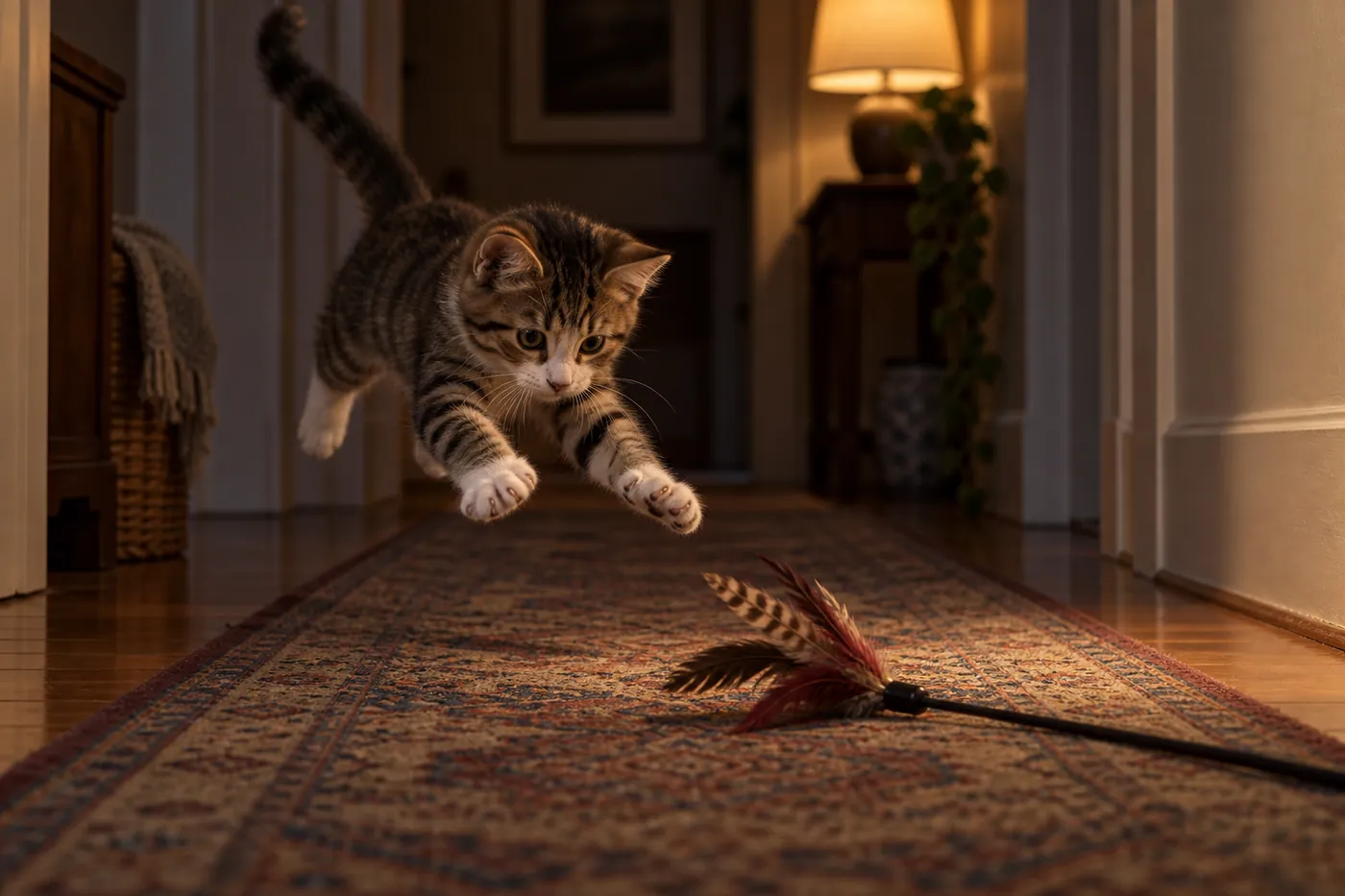 A young cat pouncing on a feather wand toy on a hallway runner