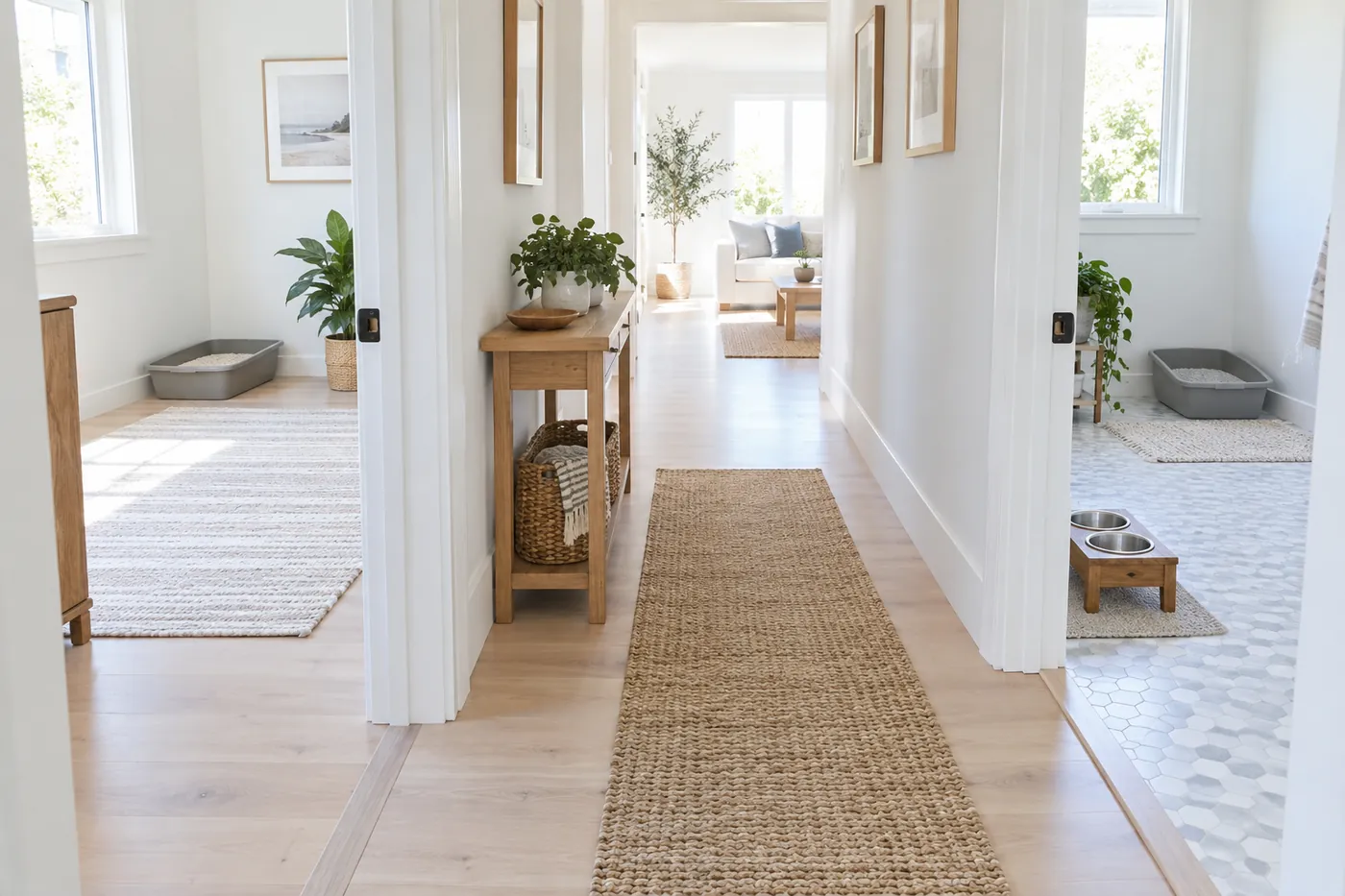 Two open litter trays in separate rooms along one hallway