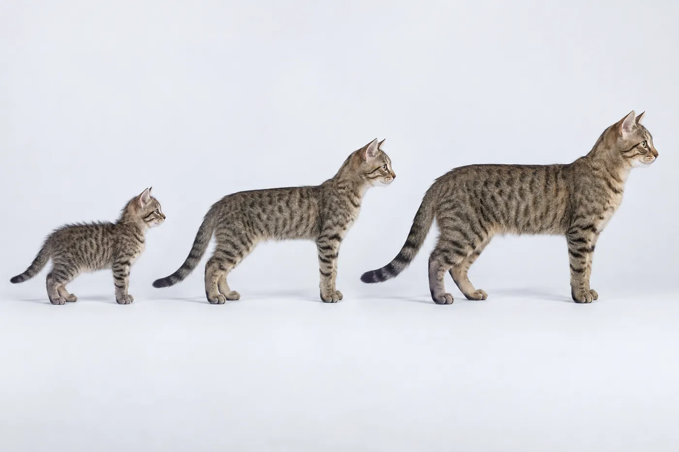 A kitten, a half-grown cat and an adult cat in profile at the same scale