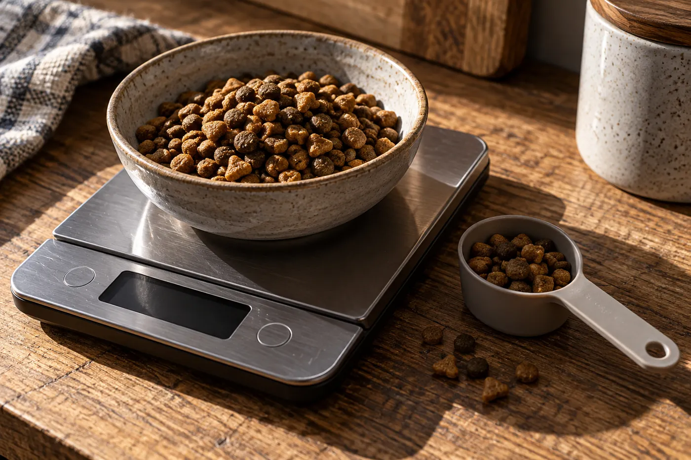 A kitchen scale with a bowl of dry food and a measuring scoop