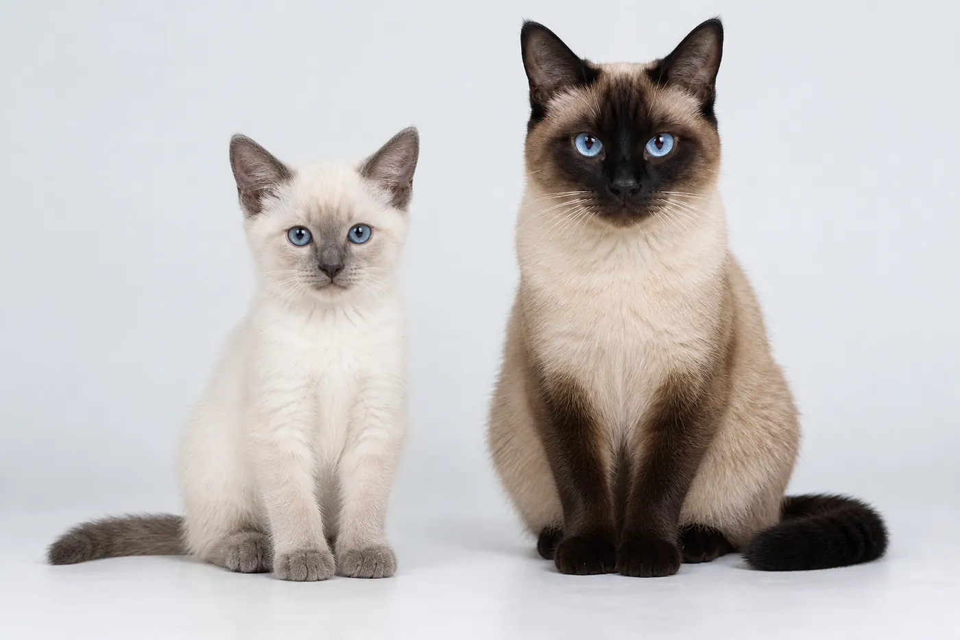 A pale colourpoint kitten beside an adult colourpoint cat with dark points