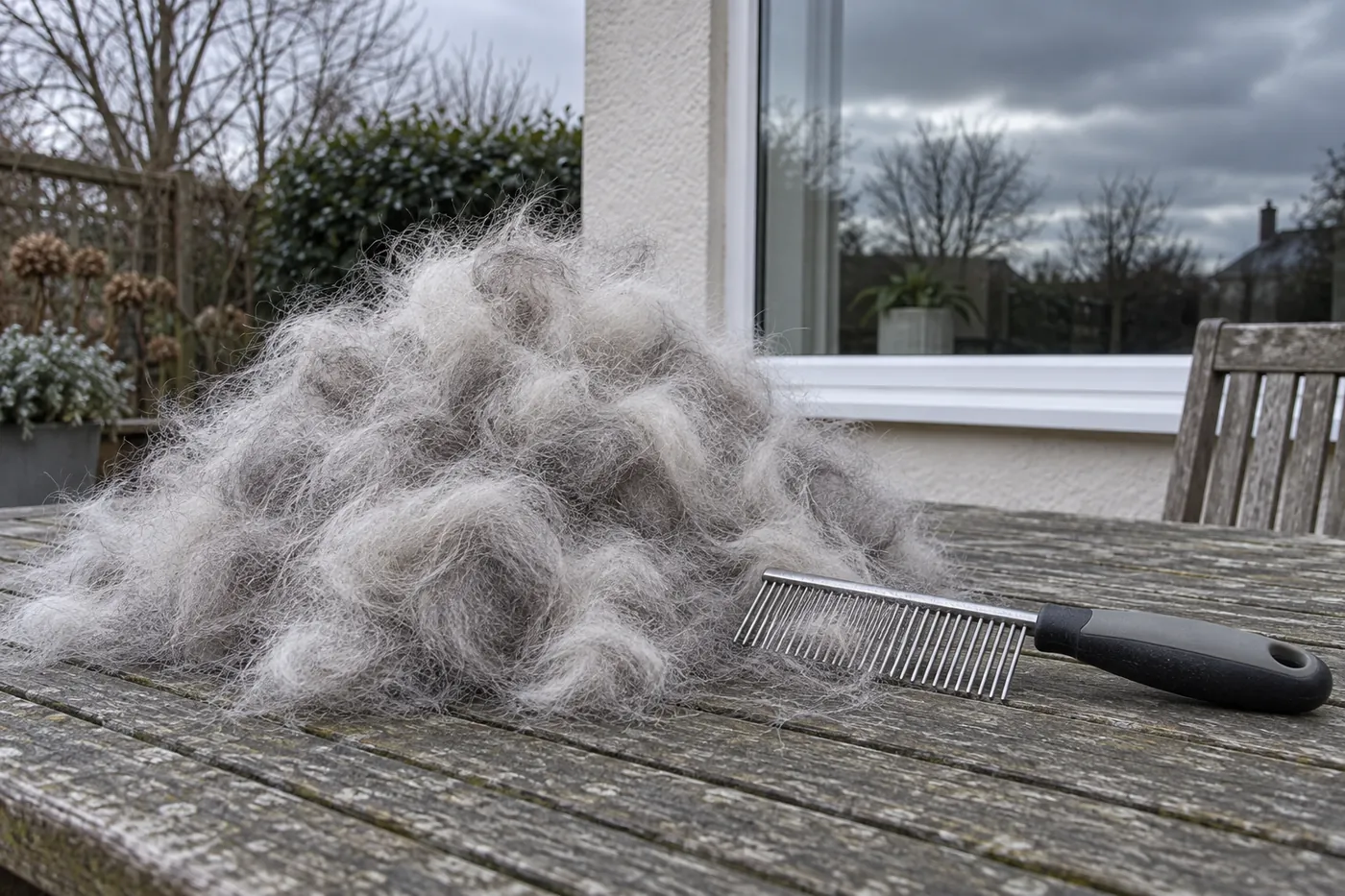 A pile of brushed-out undercoat beside a metal comb on a garden table