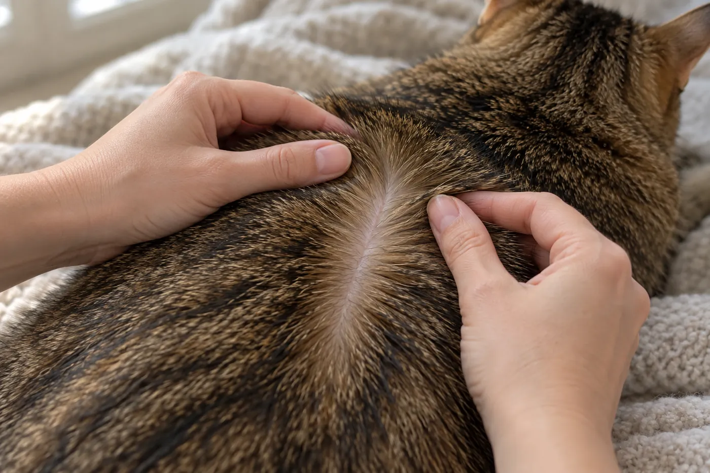 Fingers parting a tabby cat's coat along the spine to show a narrow line of clean, even skin