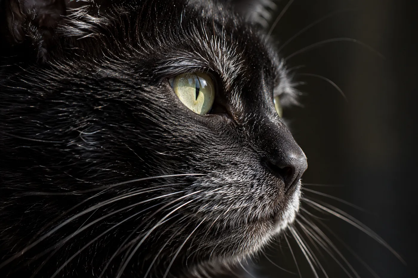 The muzzle of an older black cat with scattered grey hairs around the whisker pads and above the eyes