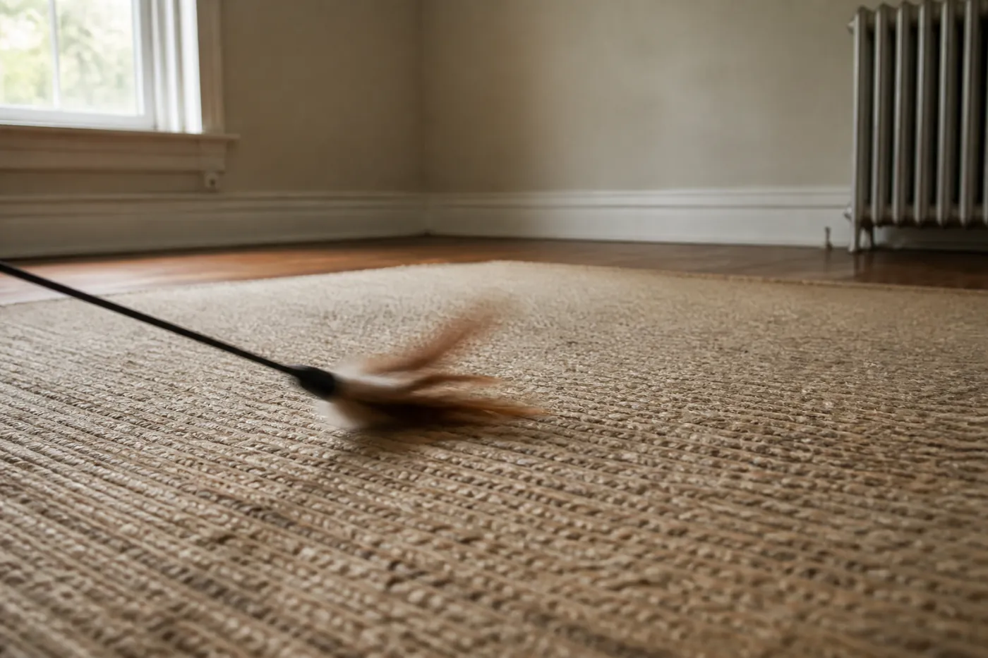 A feather wand toy drawn low across a rug away from the camera