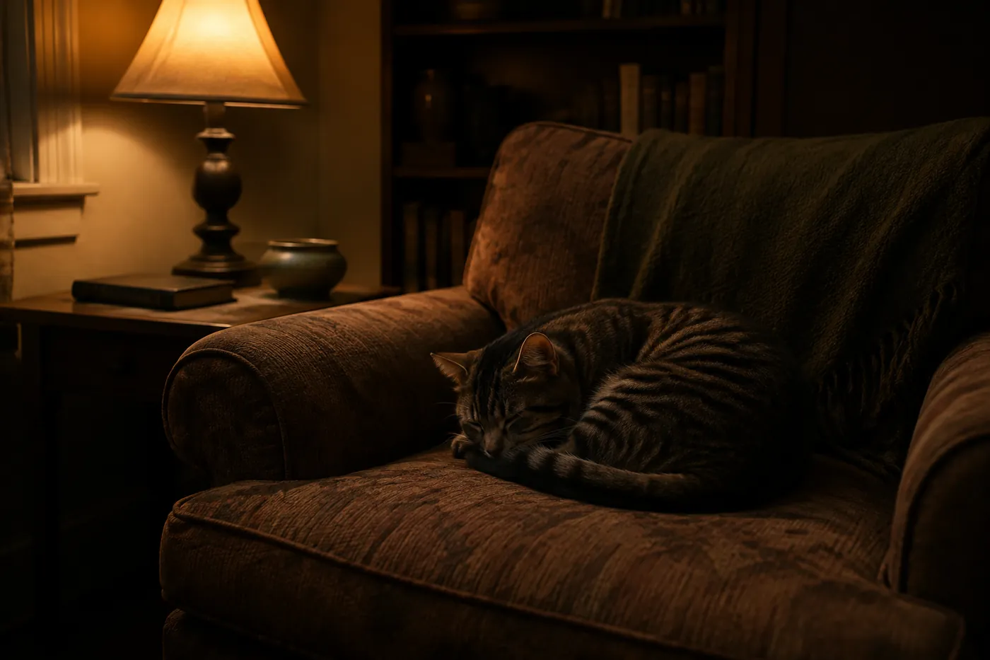 A cat asleep curled tightly on a chair in the afternoon