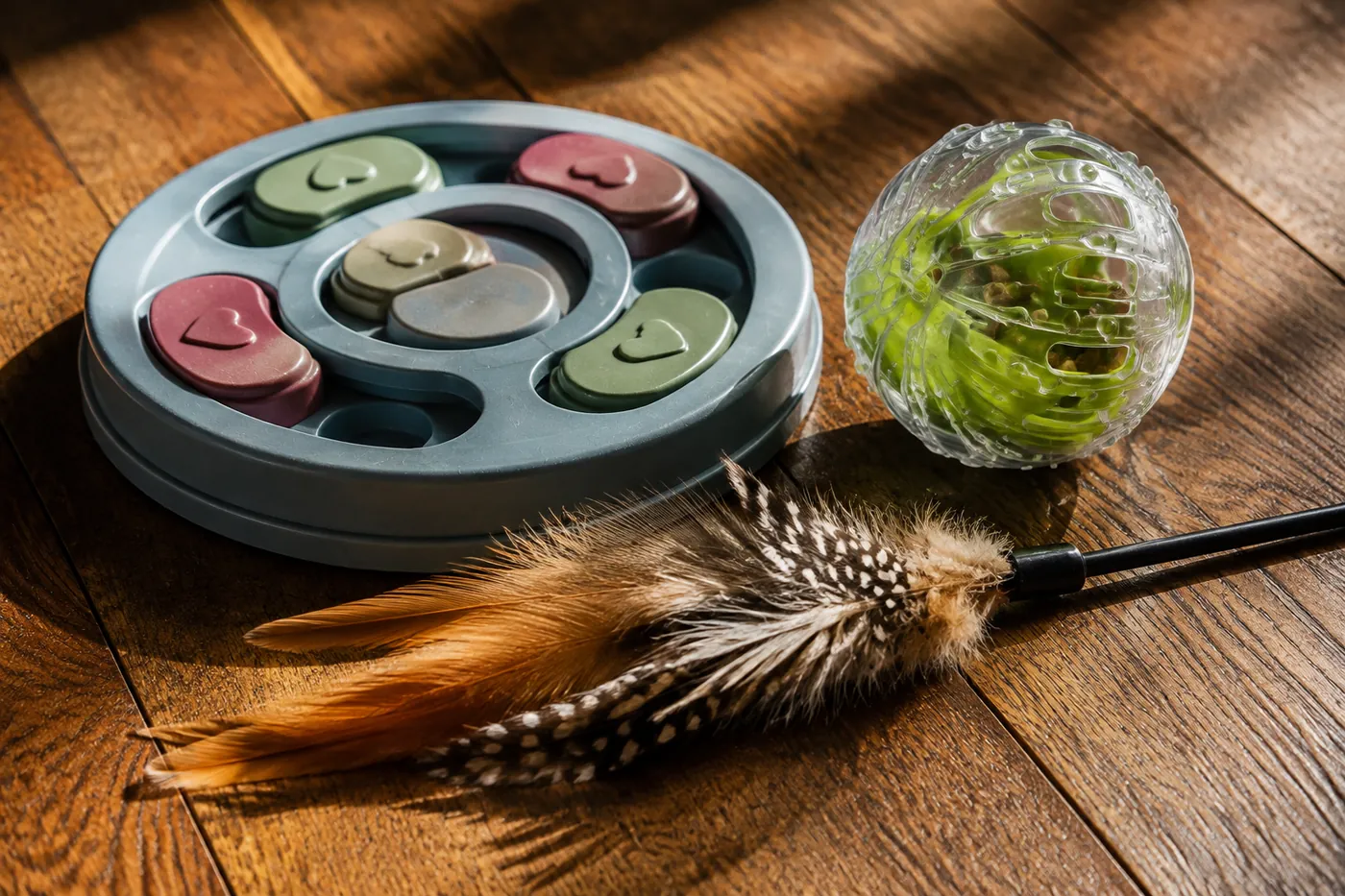 A puzzle feeder, a treat ball and a wand toy laid out together