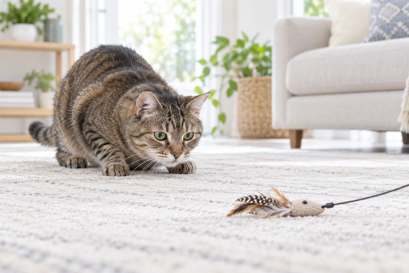 An older tabby cat crouched on a rug about to pounce on a fabric lure lying on the floor