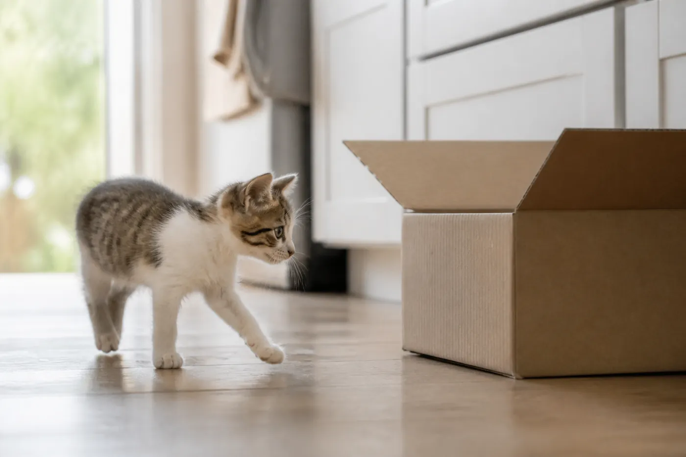 A young kitten investigating an open cardboard box on a kitchen floor
