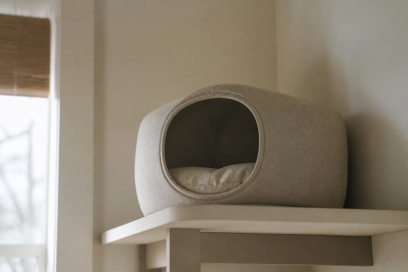 A covered bed on a high shelf offering a cat a raised hiding place