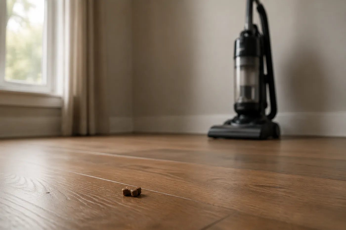A treat placed on the floor at a distance from a vacuum cleaner