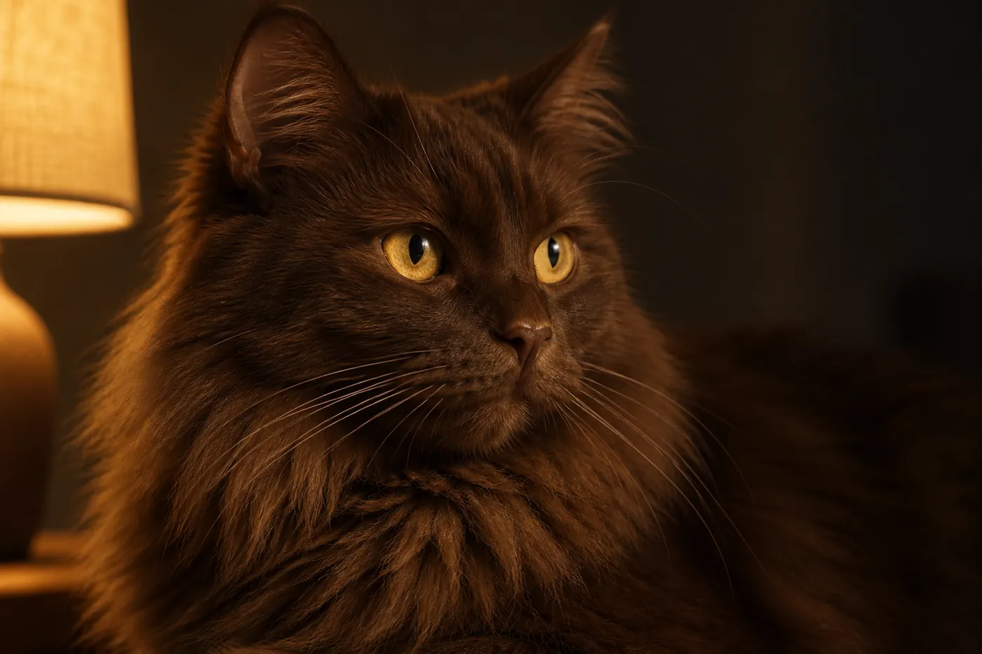Close portrait of a chocolate brown semi-longhaired cat with warm golden eyes