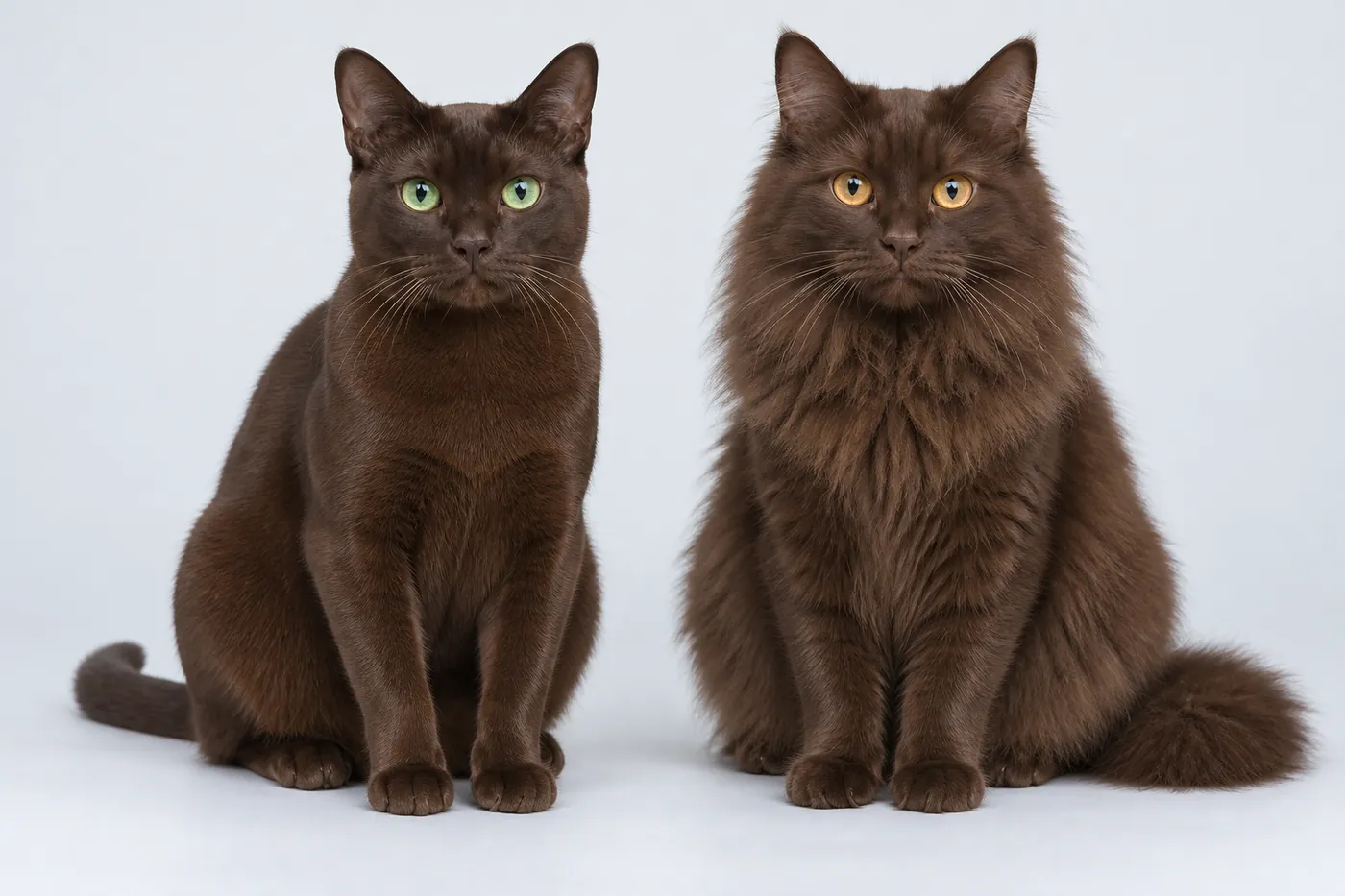 A dark brown shorthaired cat and a chocolate semi-longhaired cat side by side