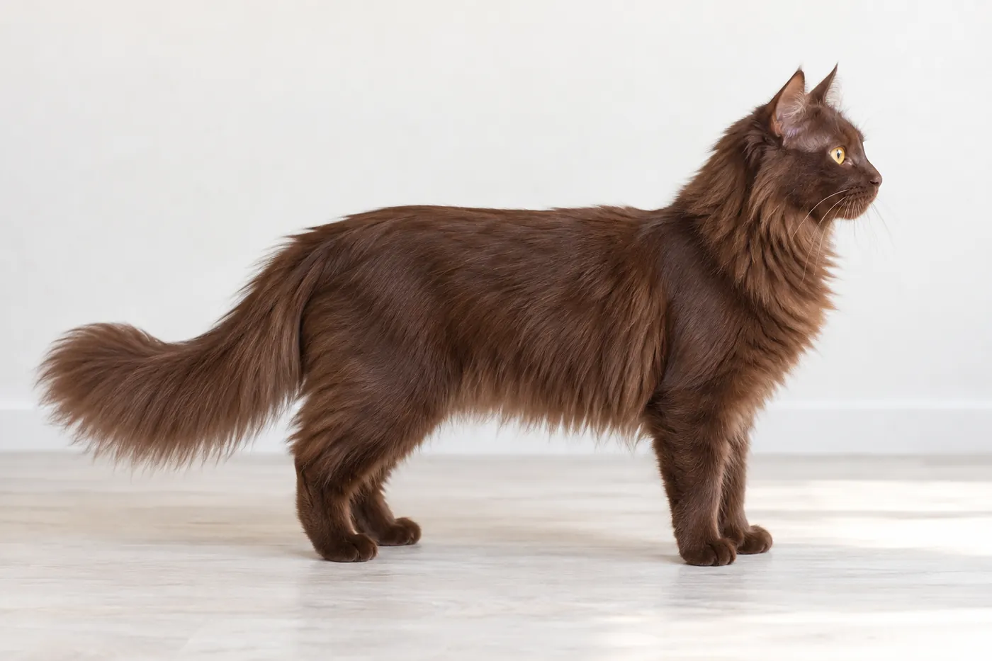 A chocolate semi-longhaired cat standing in side profile with a silky coat, neck ruff and plumed tail