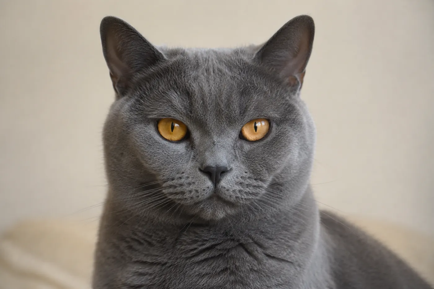 Front-facing portrait of a Chartreux showing the broad rounded head and full cheeks either side of the powerful jaw, with gold to copper eyes