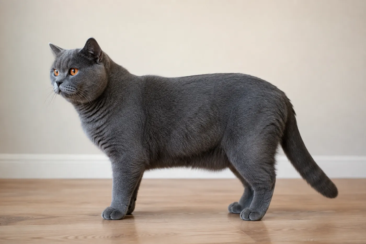 A Chartreux standing side on, showing broad shoulders and a deep chest on comparatively fine legs