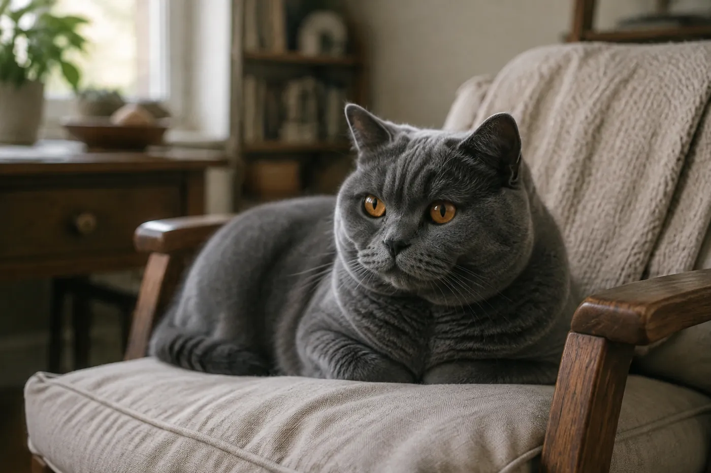 A Chartreux settled on a chair in a lived-in room, awake and watching but not moving