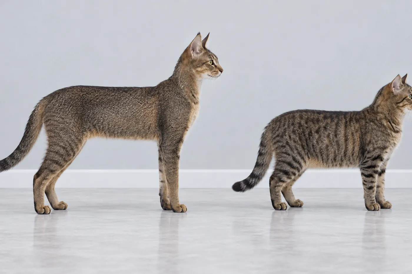 A long-legged, long-bodied ticked tabby cat beside a shorter-legged brown tabby domestic cat of similar bulk, both in side profile
