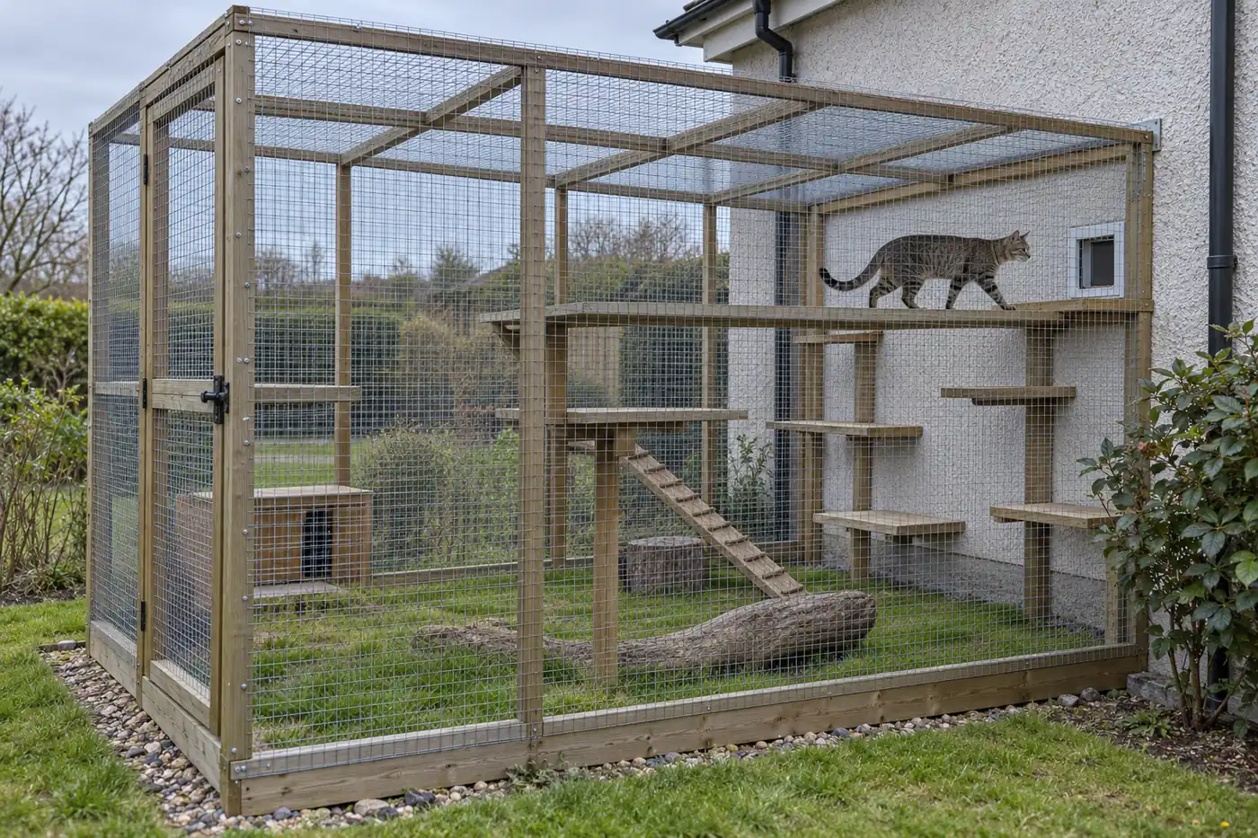 A long-legged ticked tabby cat on a high shelf inside a fully meshed outdoor enclosure built against a house