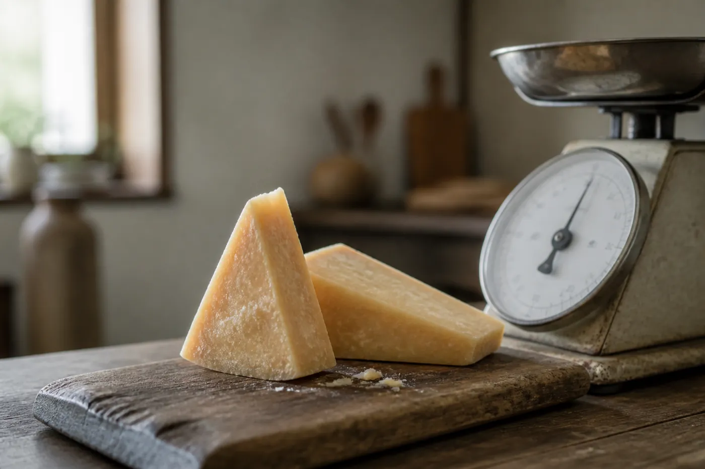 Small wedges of hard cheese on a wooden board beside a kitchen scale