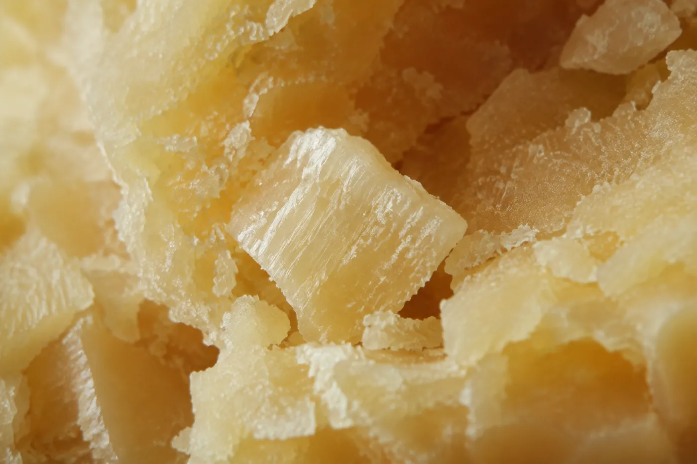 A close view of the crumbling interior of an aged hard cheese