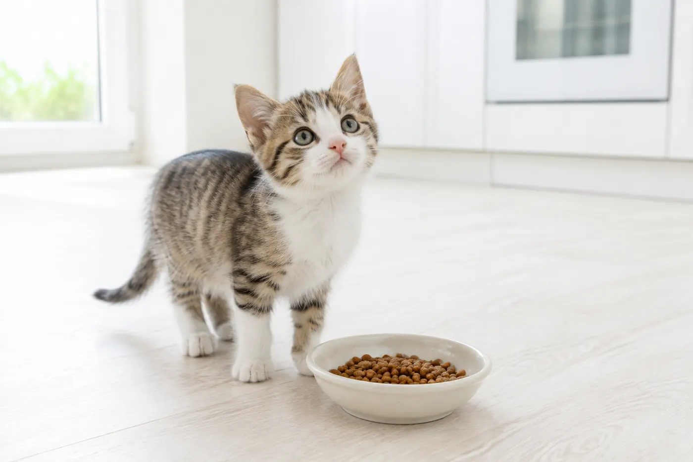 A kitten beside a bowl of growth formula kibble
