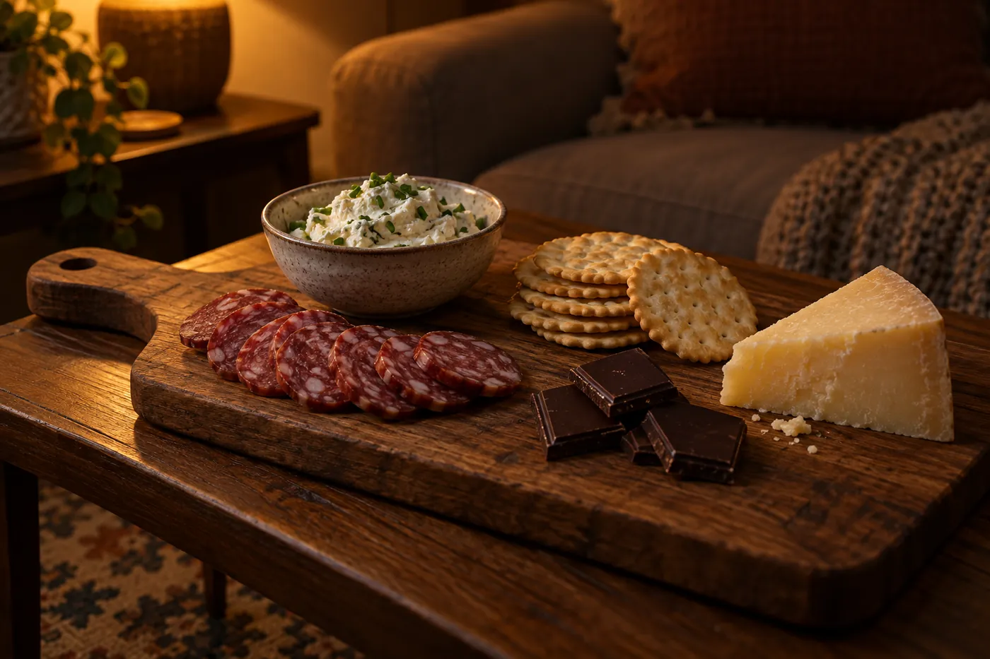 A cheeseboard on a low table holding chive-flecked cheese spread, cured sausage slices, dark chocolate squares, crackers and a plain cheese wedge