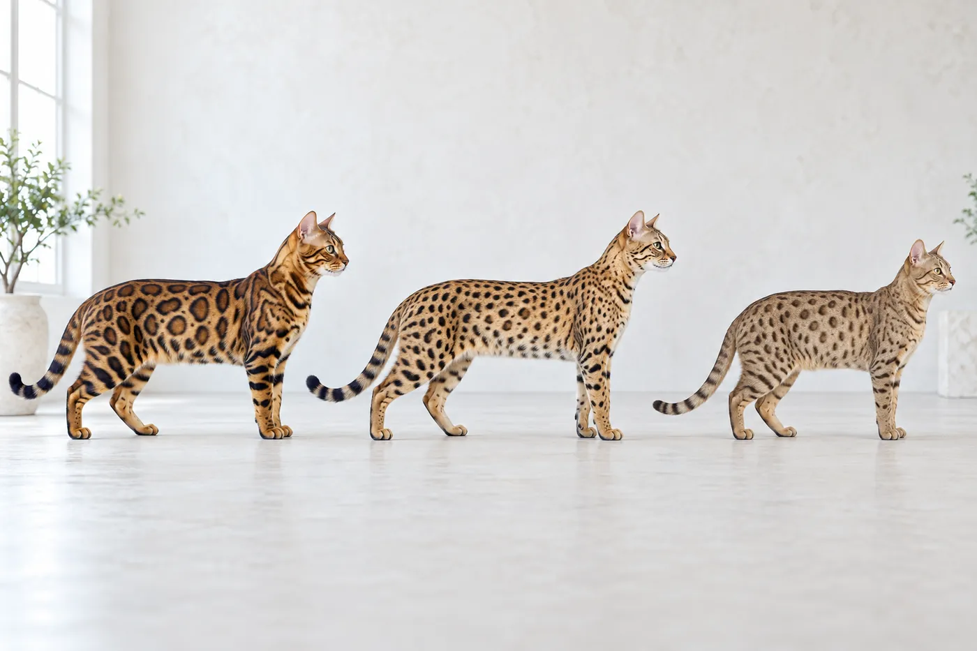 A Cheetoh-type spotted cat standing between a rosetted Bengal and a spotted Ocicat at equal scale