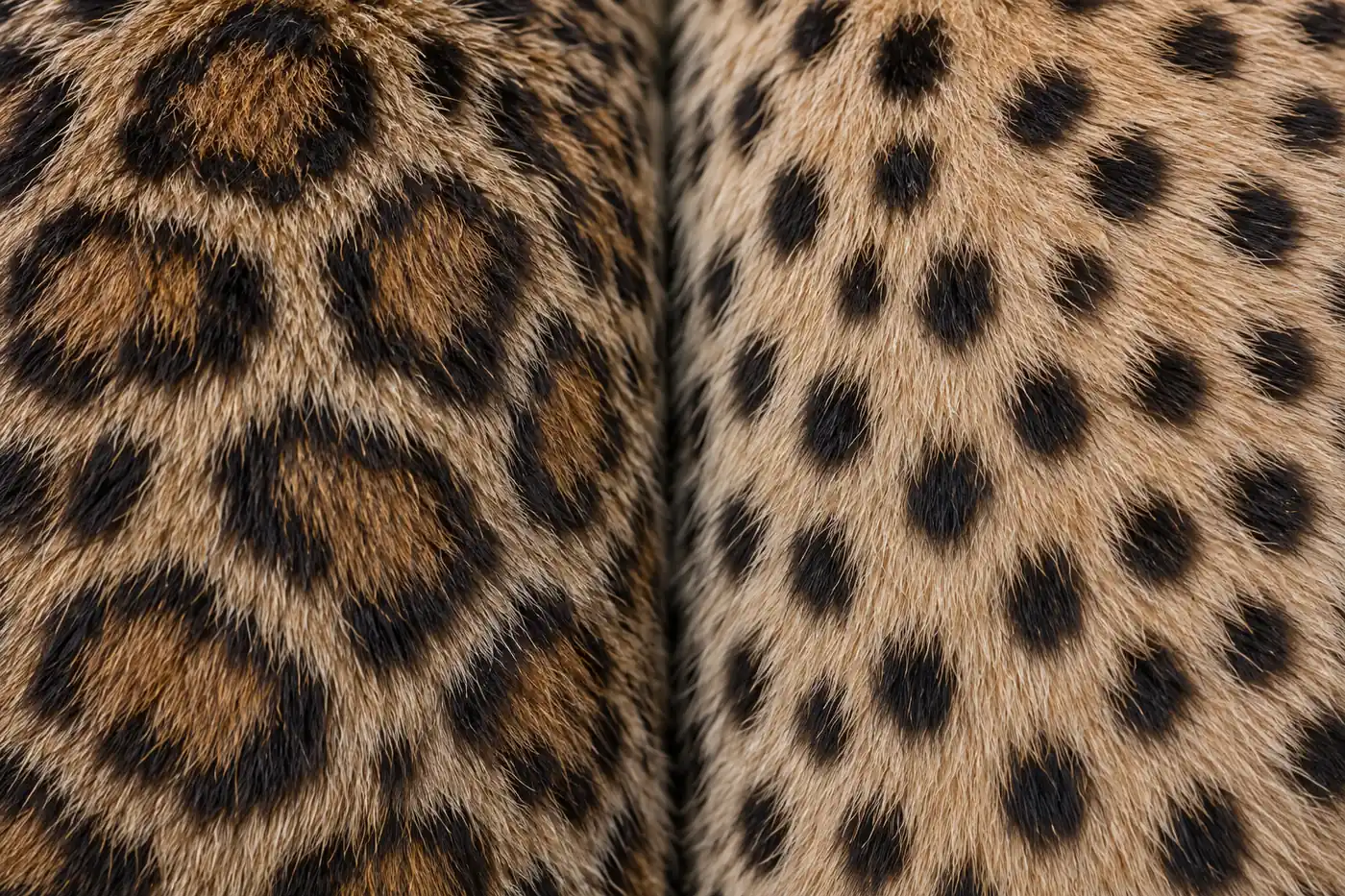 Close matched view of outlined rosettes and solid dark spots on two short feline coats