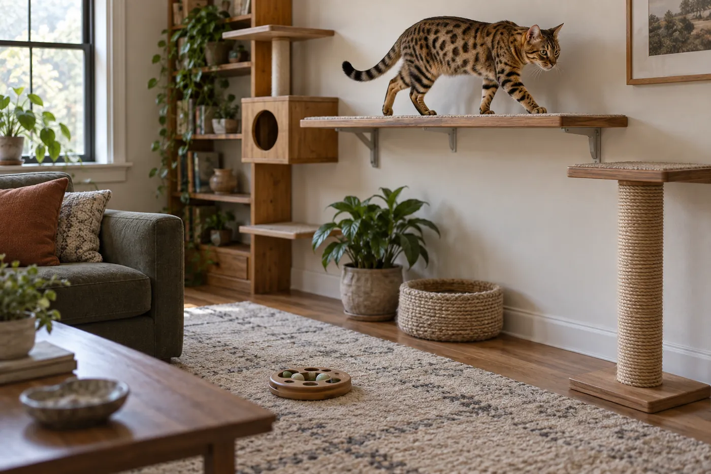 A spotted athletic cat moving through a secure room with broad climbing platforms and a floor food puzzle