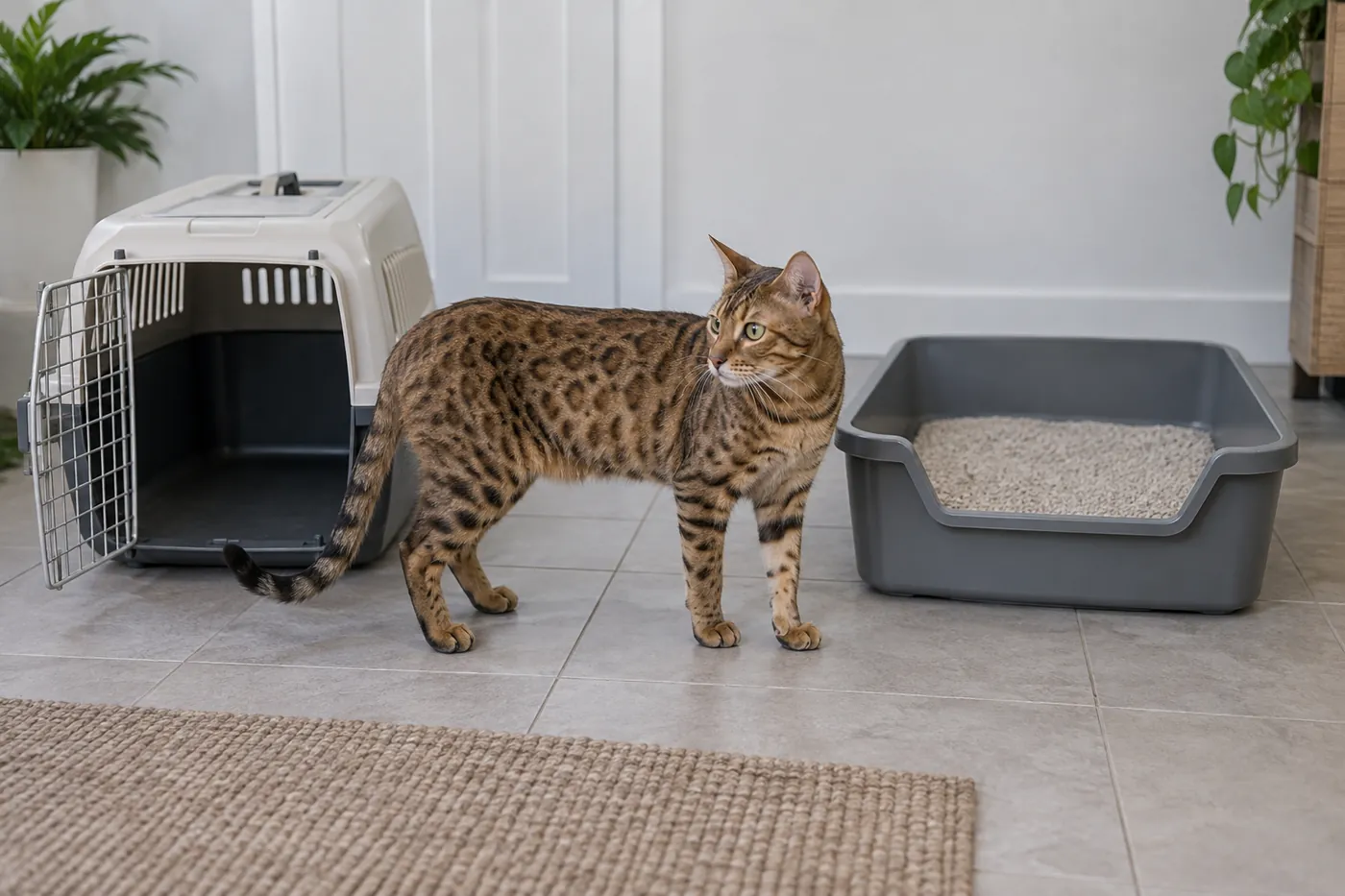 A substantial spotted Cheetoh-type cat standing beside a correctly sized rigid carrier and large litter tray
