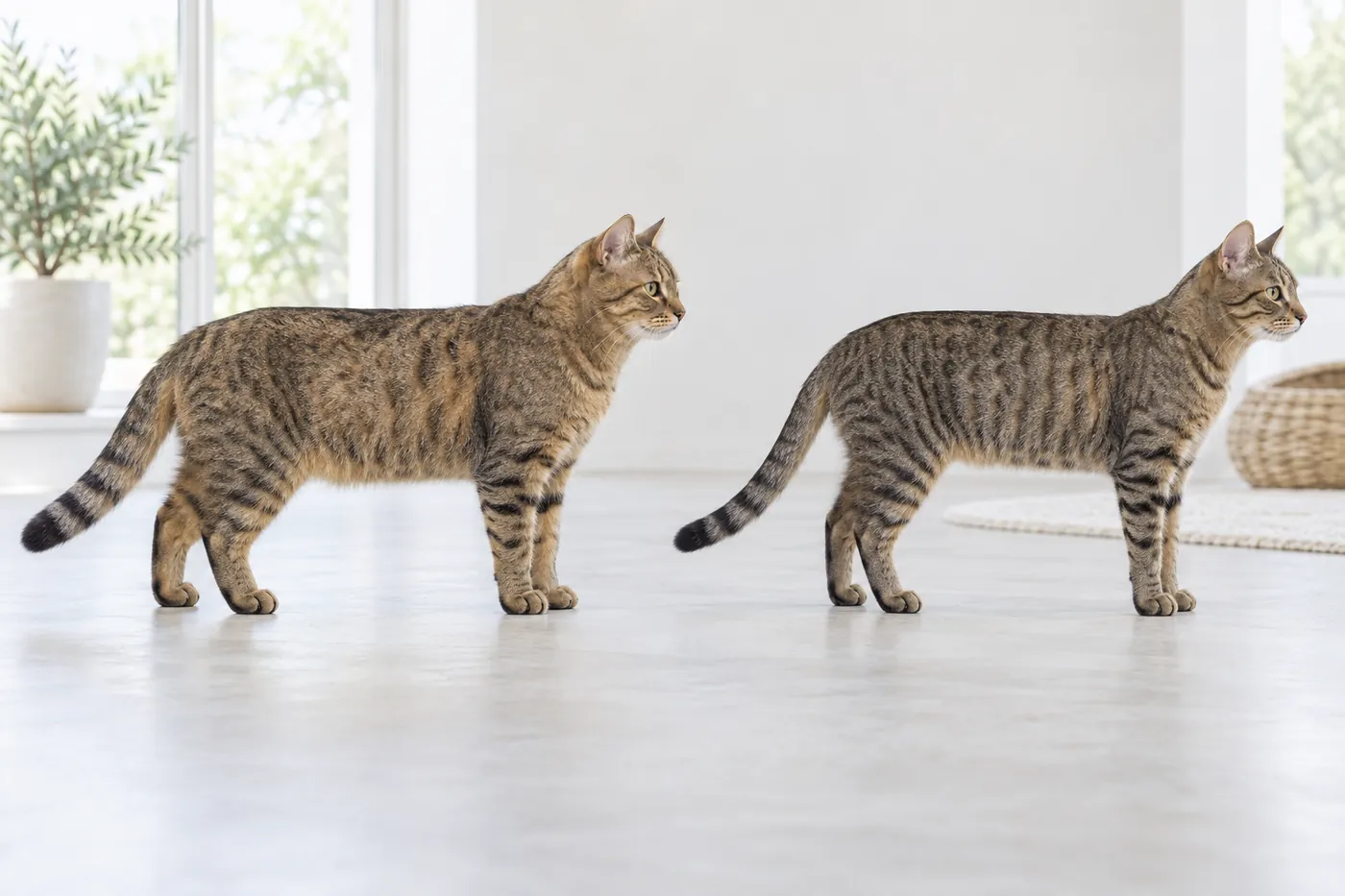 A Chinese Dragon Li type cat and an ordinary brown mackerel tabby standing at equal scale