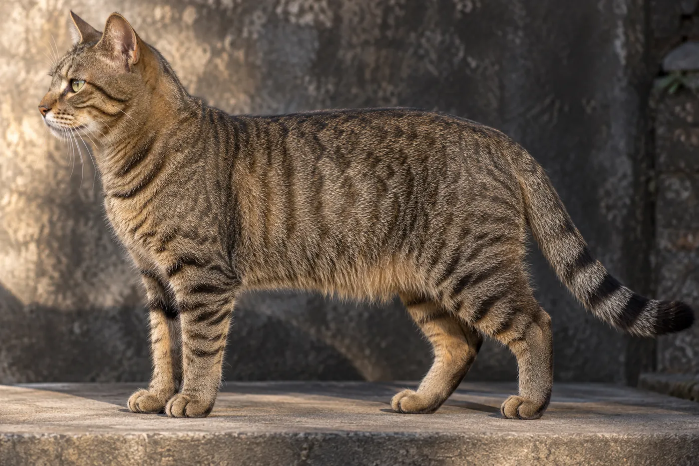A brown mackerel tabby cat standing in strict side profile with a sturdy balanced body and ringed tail