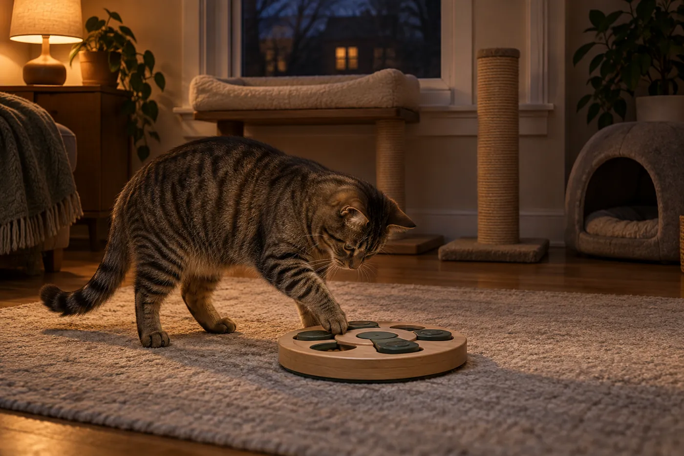 A brown tabby cat searching through a floor food puzzle below a secure window perch