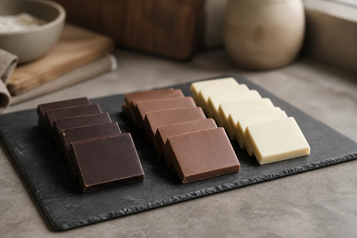 Squares of dark, milk, and white chocolate laid in a row on a slate surface