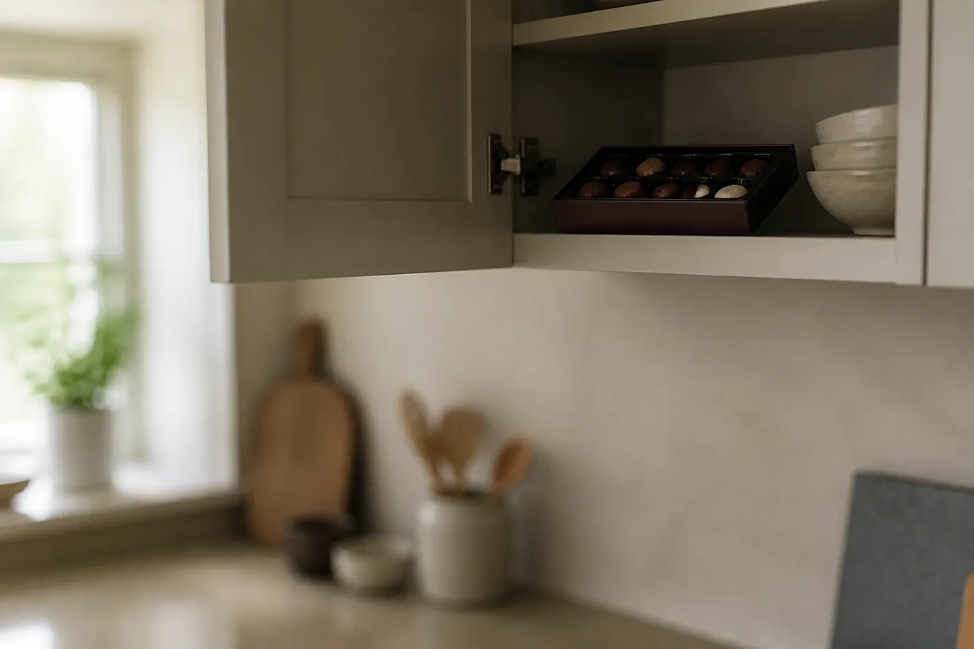 A box of chocolates on a high kitchen shelf behind an open cupboard door