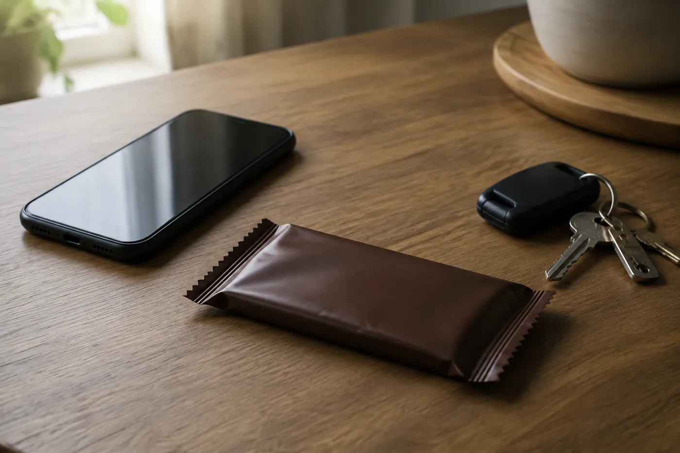 A chocolate wrapper smoothed flat on a kitchen table beside a phone