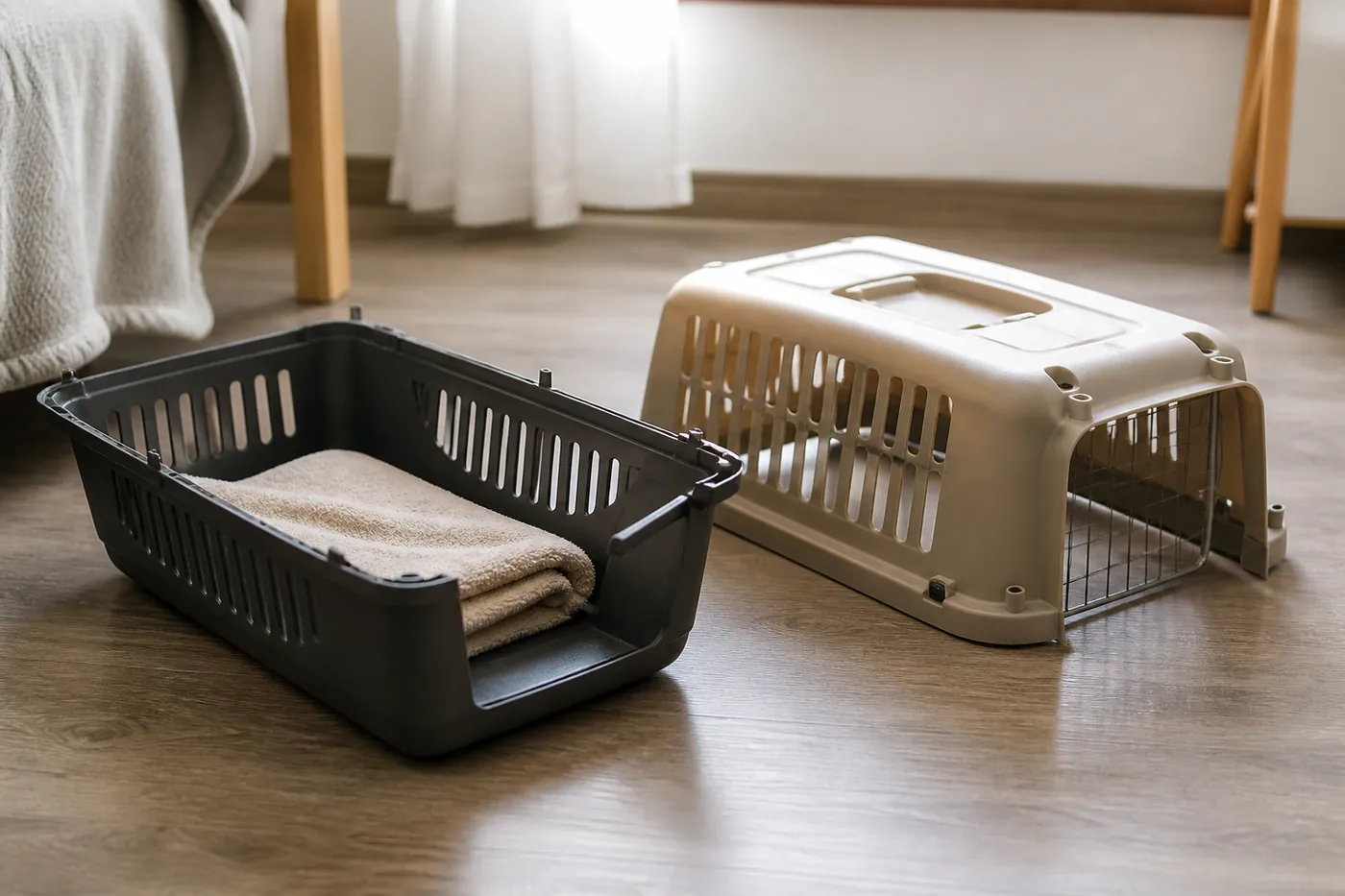 A rigid plastic cat carrier with its top half lifted clear of the base