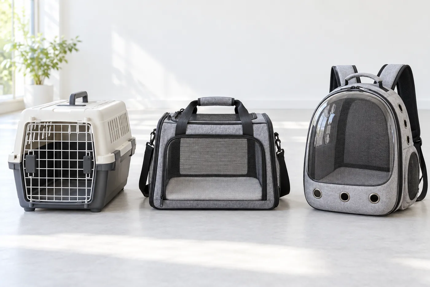 A rigid removable-top carrier, a soft carrier with a firm base and a backpack capsule carrier side by side