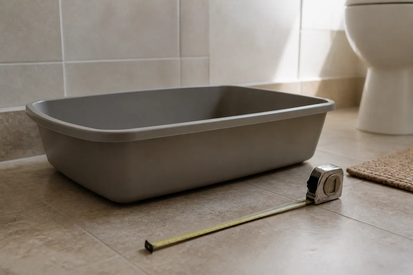 A large open litter tray on a bathroom floor with a tape measure beside it