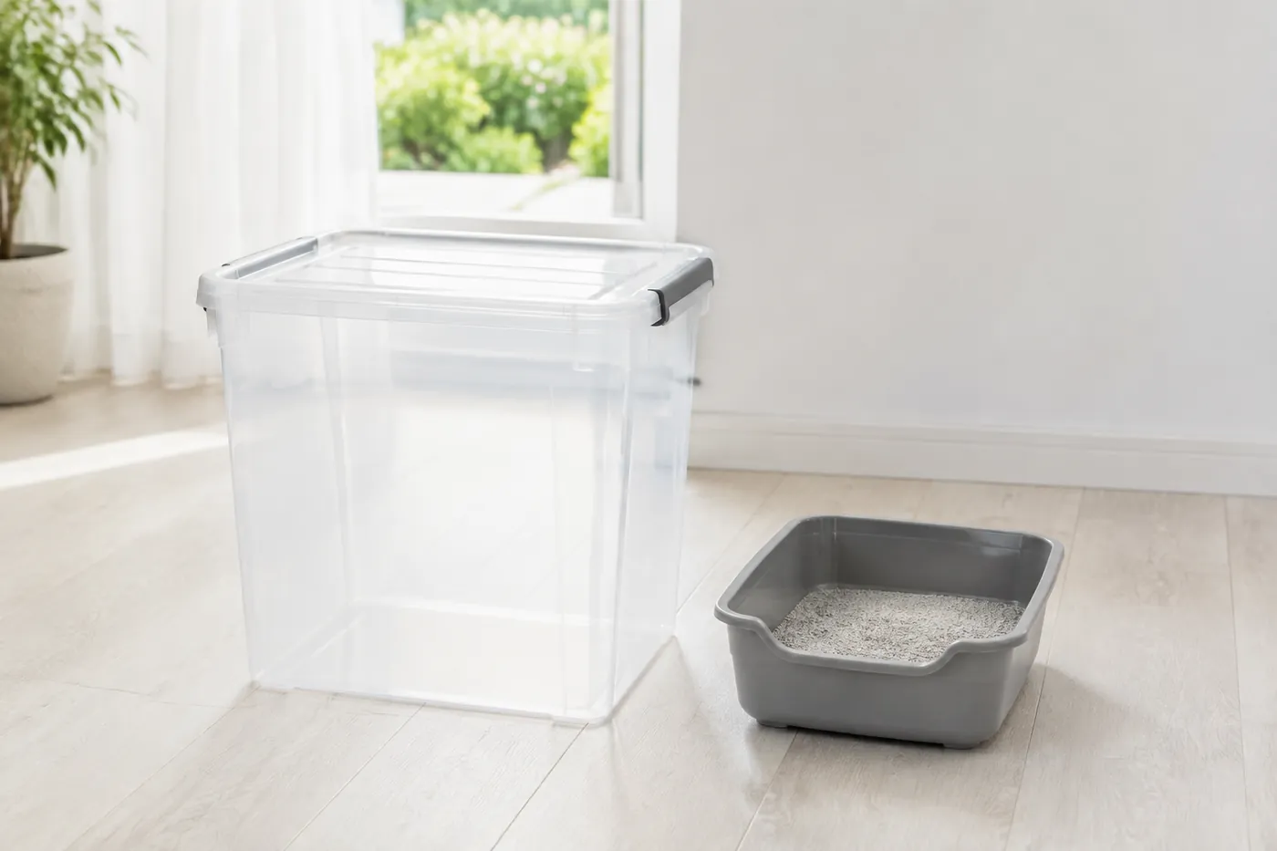 A plain storage box beside a purpose made cat tray for size