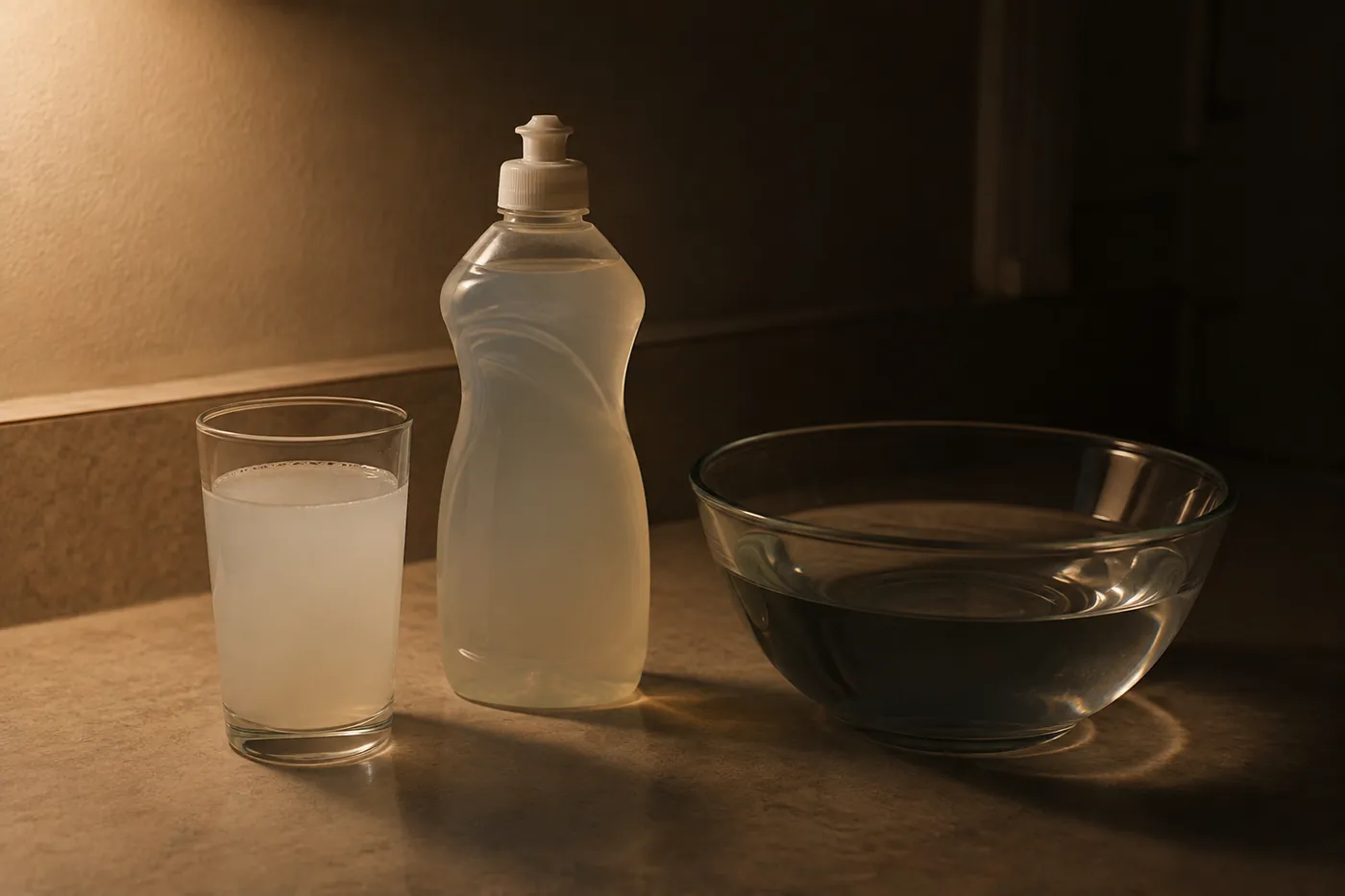 A bottle of cloudy disinfectant beside a bottle of washing-up liquid